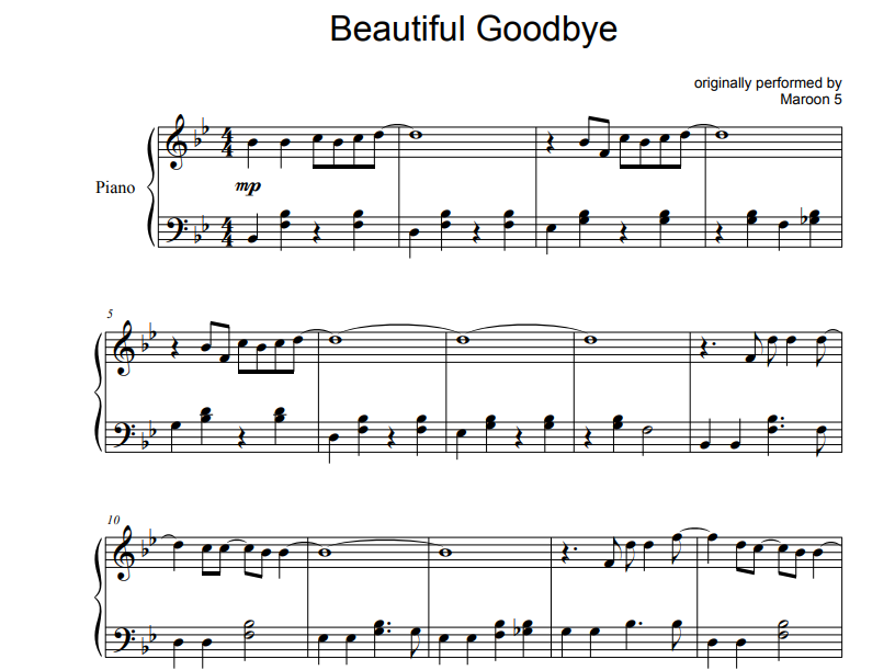 Maroom 5 - Beautiful Goodbye sheet music for piano solo